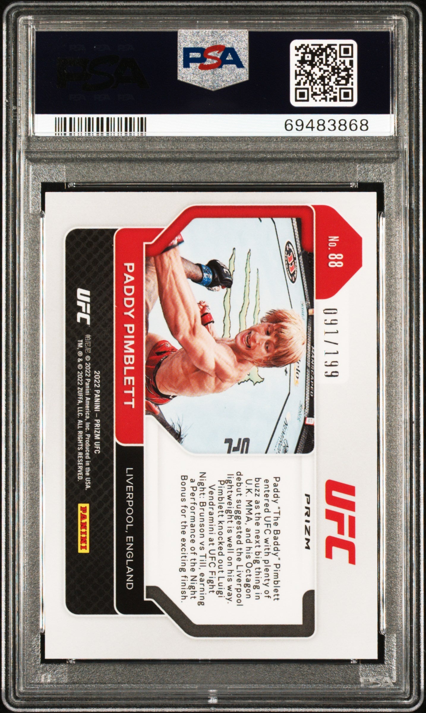 2022 Panini Prizm UFC Paddy Pimblett #88 PSA 9 - /199, ## 091/199