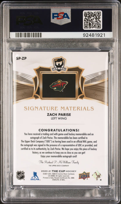 2020 Upper Deck The Cup Signature Materials Zach Parise #SPZP Signature Materials PSA 7