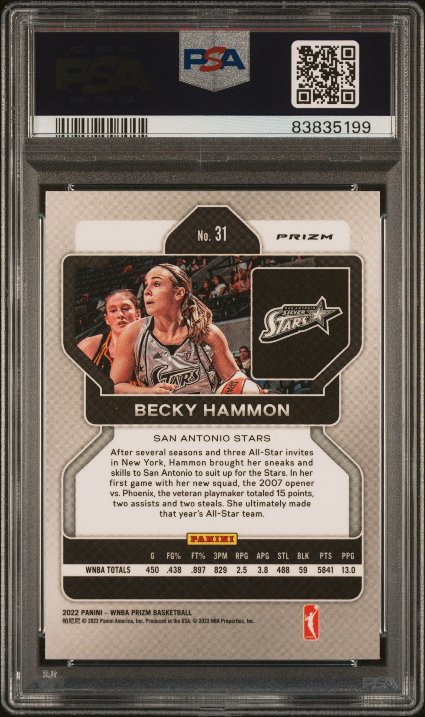 2022 Panini Prizm WNBA POP 2 Becky Hammon #31 White Sparkle PSA 9 - POP 2