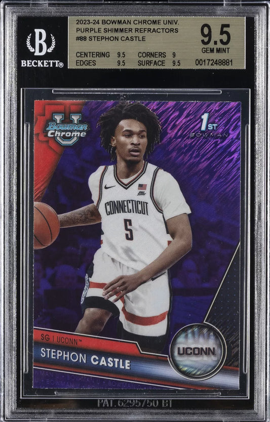 2023-24 Bowman Chrome University Purple Shimmer Refractors Stephon Castle #88 BGS 9.5