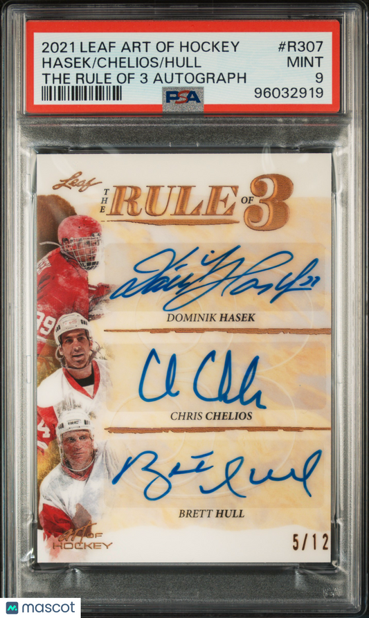 2021-2022 Leaf Art Of Hockey The Rule Of 3 Autographs Brett Hull Chris Chelios Dominik Hasek #R307 The Rule Of 3 Autograph PSA 9