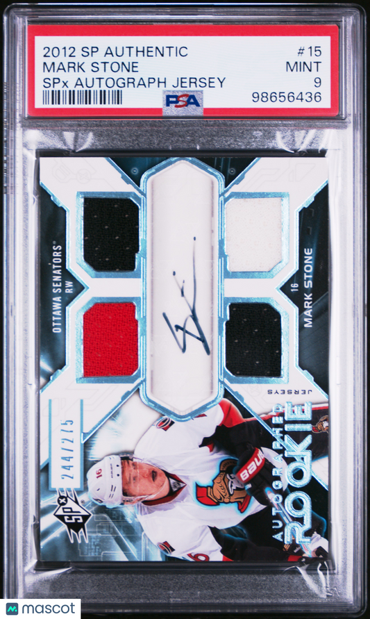 2012 SP Authentic SPX Autograph Jersey Mark Stone RPA Rookie Patch Aut #15 PSA 9